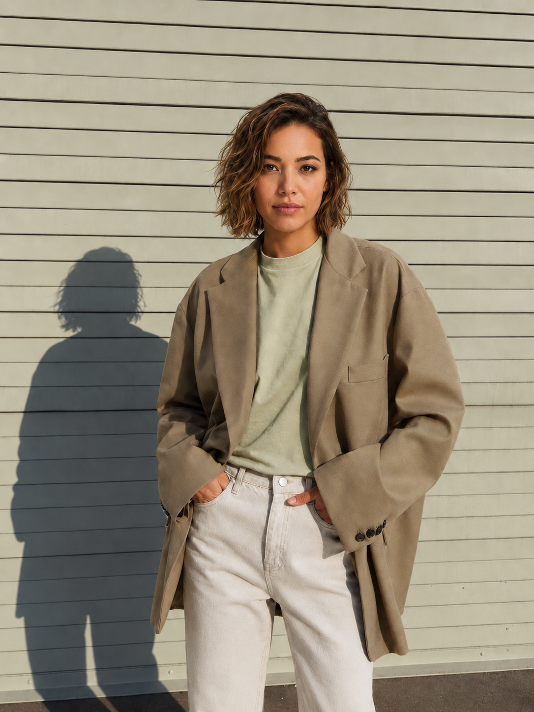 Xaki-bej oversize qadın pencəyinin ön görünüşü
