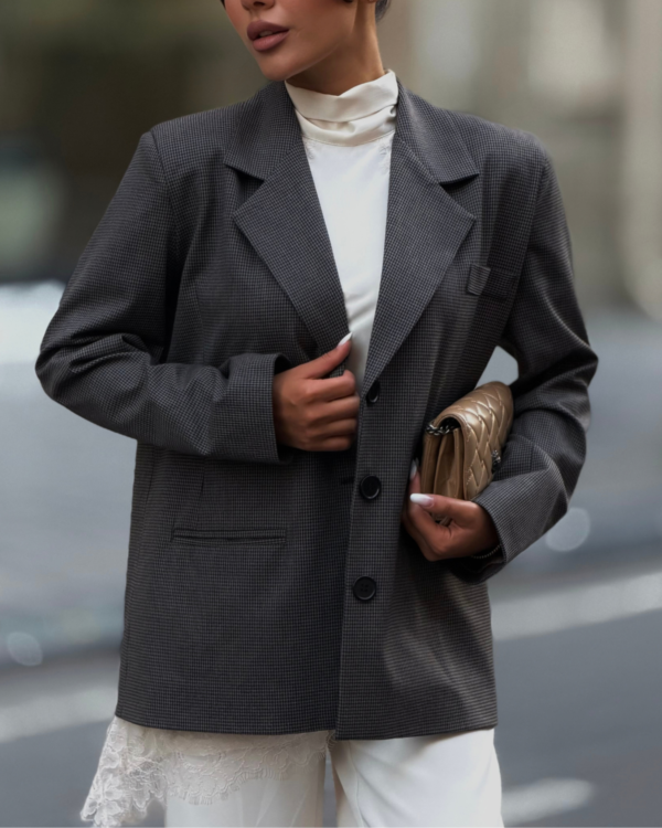 Tünd Boz Dama Detallı Oversize Pencək