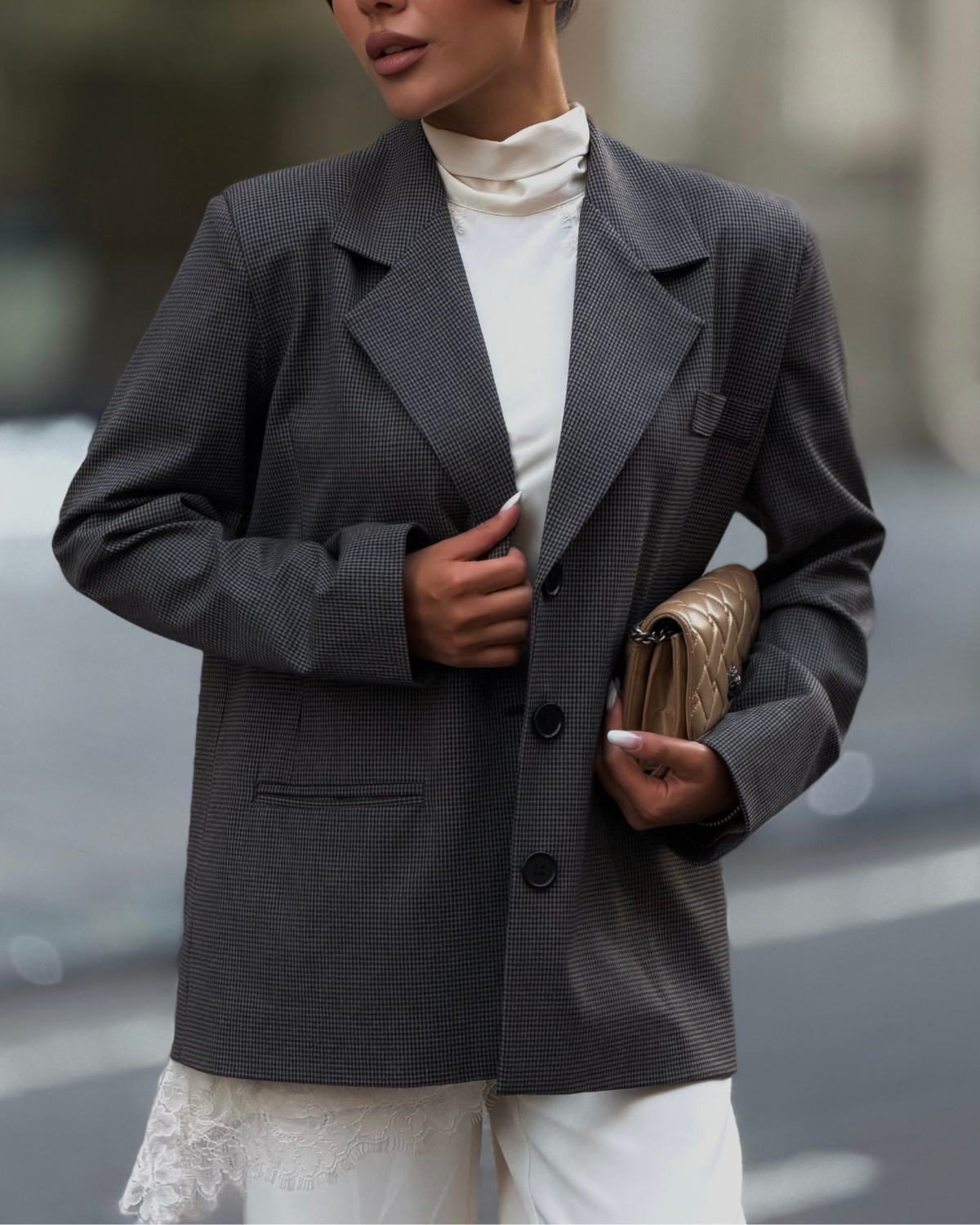 Tünd Boz Dama Detallı Oversize Pencək