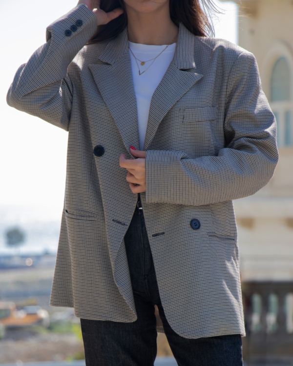 Bej-Qəhvəyi Dama Detallı Oversize Pencək