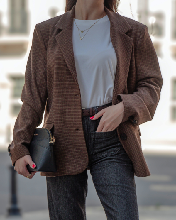 Qəhvəyi Dama Naxışlı Pambıq Oversize Pencək