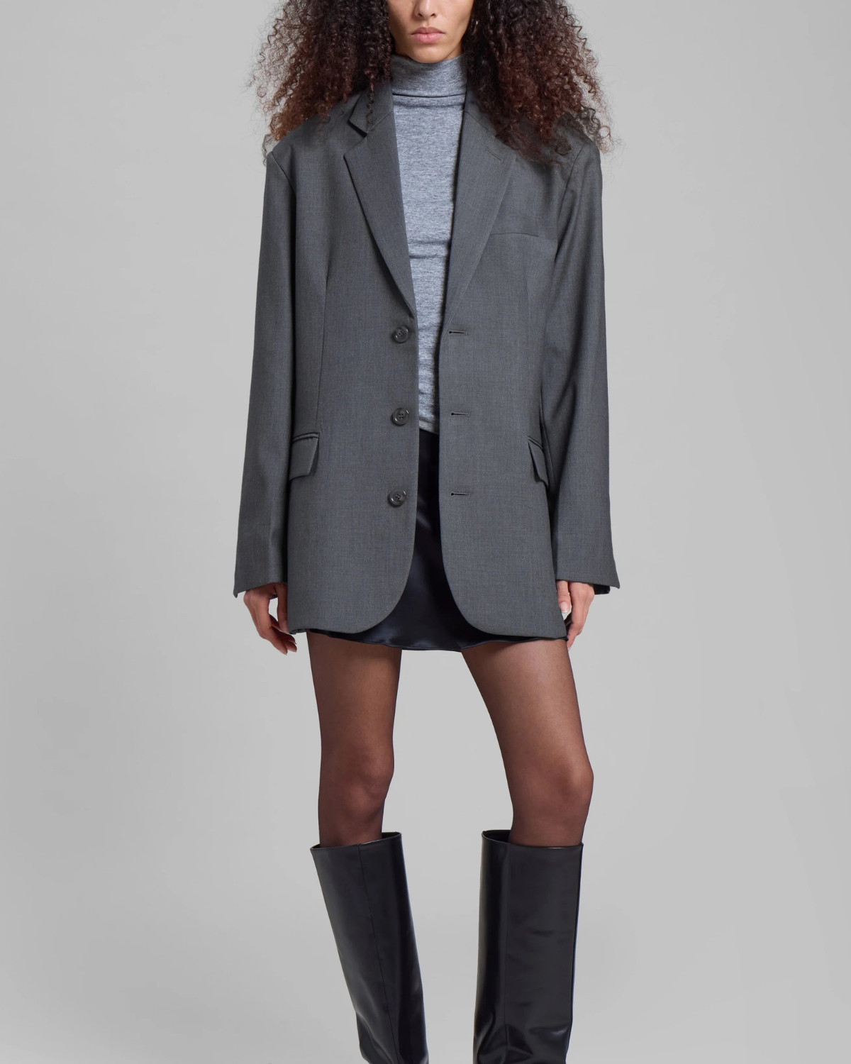 Boz Üç Düyməli Oversize Pencək
